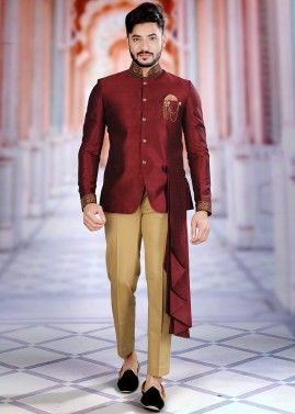 Maroon Embroidered Art Silk Bandhgala Jodhpuri Suit
