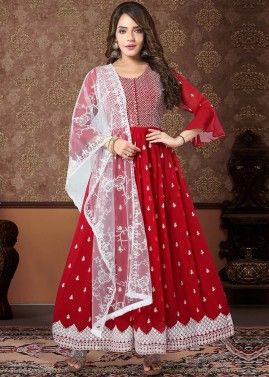 Red Embroidered Flared Style Kurta