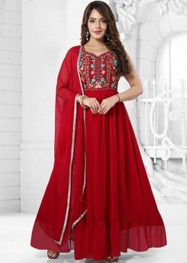 Readymade Red Embroidered Long Kurta In Georgette