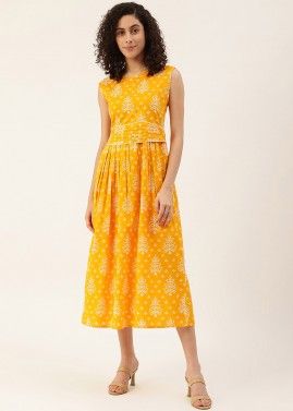 Yellow Readymade Printed Dress With Belt