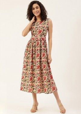 Cream Readymade Floral Printed Dress In Cotton