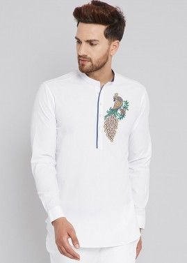 Readymade White Embroidered Kurta In Cotton