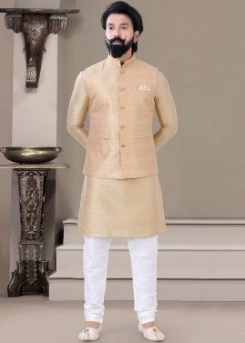Golden Kurta Pajama With Woven Nehru Jacket