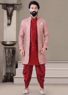 Red Dhoti Kurta Set With Woven Long Jacket