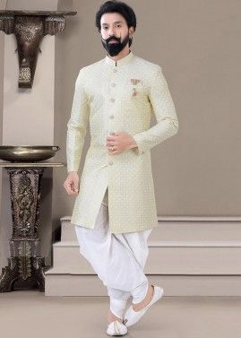 Yellow Embroidered Indo Western Sherwani For Men