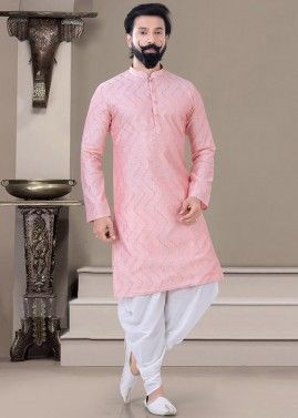 Pink Embroidered Mens Kurta With Dhoti