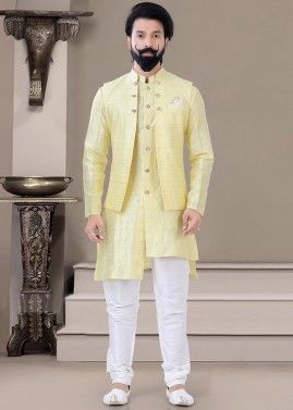 Yellow Asymmetric Kurta Pajama With Woven Jacket