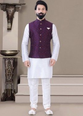 Readymade White Kurta Pajama & Woven Nehru Jacket