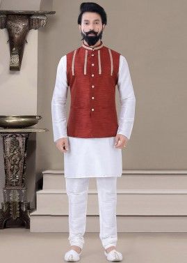White Kurta Churidar Set & Silk Nehru Jacket