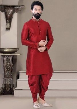 Readymade Red Kurta Dhoti Set In Silk For Men