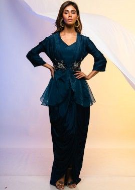 Readymade Blue Embroidered Jacket Style Dress