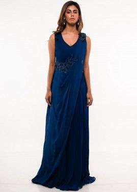Blue Readymade Embroidered Draped Style Jumpsuit