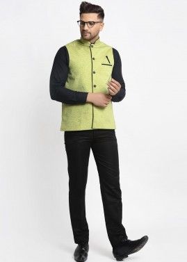 Green Color Cotton Nehru Jacket