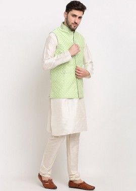 Green Color Silk Nehru Jacket