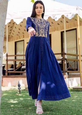 Blue Readymade Embroidered Slitted Kurta In Cotton