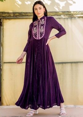 Purple Readymade Embroidered Slitted Kurta In Cotton