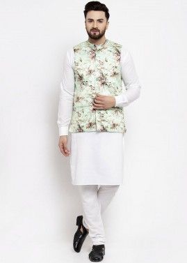 White Cotton Kurta Pajama with Nehru Jacket