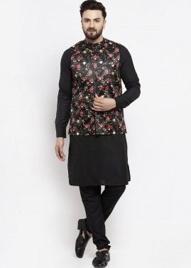 Black Cotton Kurta Pajama with Nehru Jacket