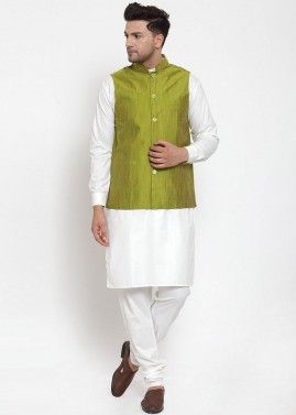White Cotton Kurta Pajama with Nehru Jacket