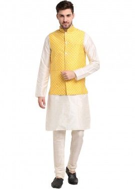 Yellow Dupion Silk Nehru Jacket With Kurta Pajama