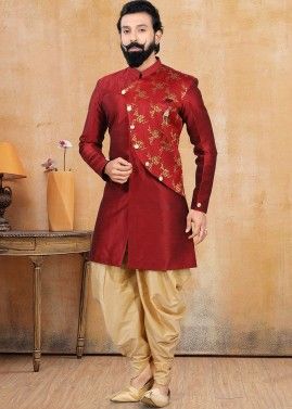 Readymade Red Overlapped Indo Western Sherwani With Dhoti