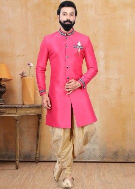 Pink Readymade Silk Indo Western Sherwani With Dhoti