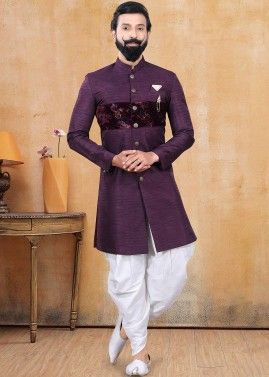 Readymade Purple Indo Western Sherwani In Silk
