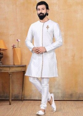 Readymade White Woven Kurta Pajama In Chanderi Silk