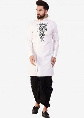Readymade White Thread Embroidered Dhoti With Kurta Set