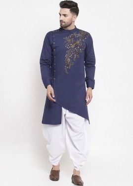 Readymade Blue Asymmetric Dhoti Kurta With Embroidery