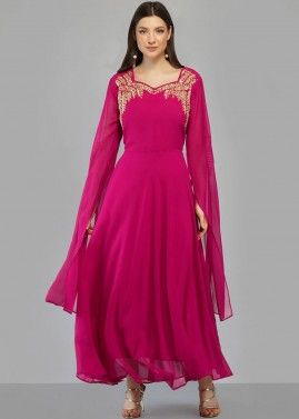 Pink Embroidered Georgette Long Kurti
