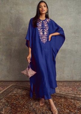 Blue Kaftan Kurta Set In Art Silk