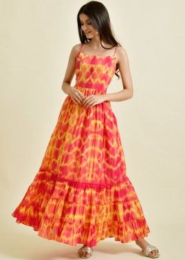Red & Yellow Tiered Dress In Tie-Dye Print 