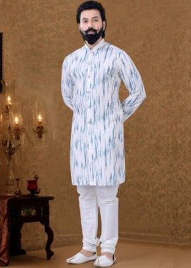 White Tie-Dye Printed Kurta Pajama For Men