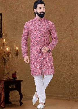 Pink Floral Printed Kurta Pajama For Men