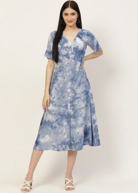 Blue Tie Dye Printed Rayon Dress