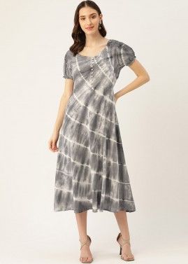 Grey Tie Dye Printed Dress In Rayon