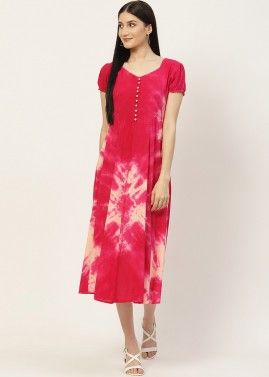 Pink Tie Dye Printed Dress In Rayon