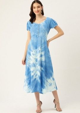 Blue Rayon Tie Dye Printed Dress