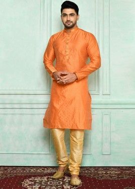 Orange Brocade Kurta Pajama Set With Woven Design