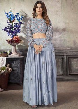 Blue Embroidered Crop Top & Skirt
