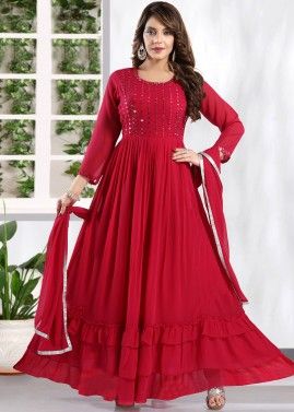 Pink Mirror Embroidered Long Kurta In Georgette