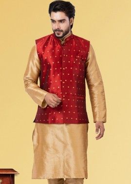 Red Woven Mens Cotton Nehru Jacket
