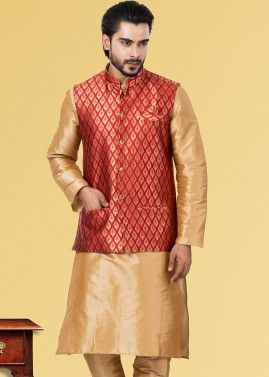 Red Woven Mens Nehru Jacket In Jacquard