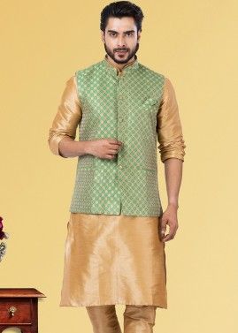Readymade Green Woven Nehru Jacket For Men