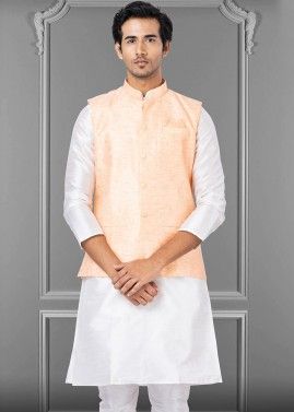 Peach Plain Readymade Nehru Jacket In Linen