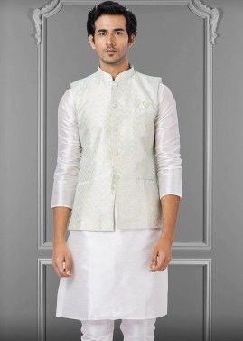 Shaded White & Blue Linen Nehru Jacket With Foil Print