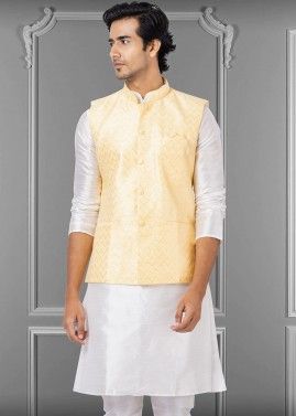 Cream Readymade Linen Nehru Jacket With Foil Prints