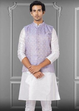 Readymade Purple Woven Nehru Jacket In Linen