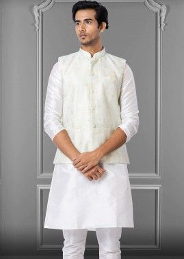 Shaded White & Blue Foil Printed Nehru Jacket In Linen